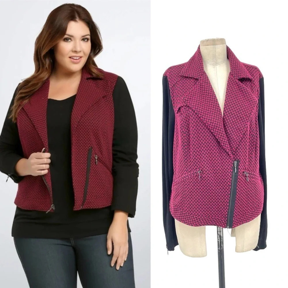 Torrid‎ Black and Burgundy Pink Checkered Blazer Knit Moto Jacket Plus Size 2X